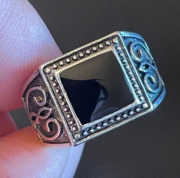 Vintage antique silver plated obsidian ring size 7.5 - Image 5