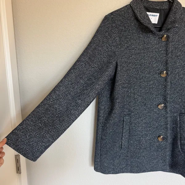 Old Navy Womens Navy Blue Herringbone Wool Blend Button Up Car Coat Size S - Image 4
