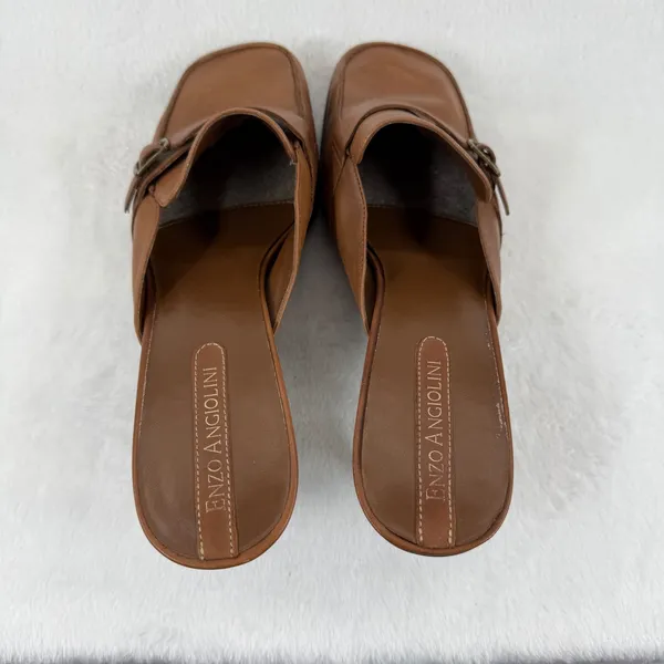 Enzo Angiolini Brown Leather Mules Heels Buckle Detail Square Toe Size‎ 8.5M - Image 8