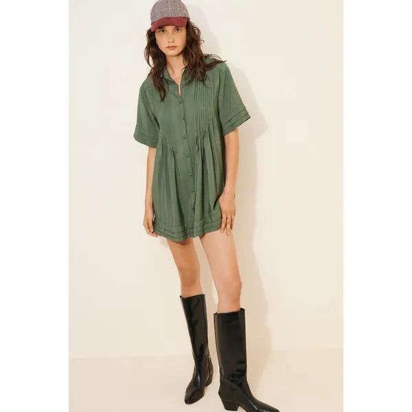 Anthropologie Pilcro Short Sleeve Pintuck Tunic Shirt Dress Olive Green Small - Image 2
