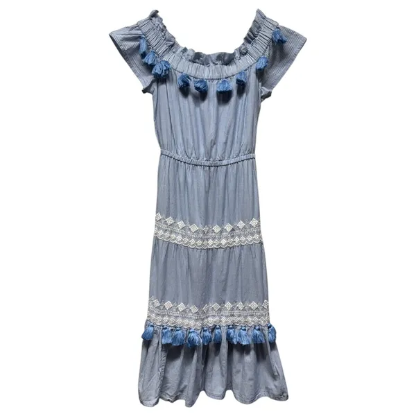 Tularosa Lana‎ Midi Dress Blue Stripe Embroidered Off Shoulder Tiered Tassel - Image 2