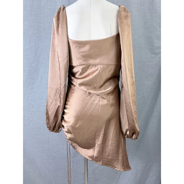 NWT Emory Park Bronze‎ Satin Ruched Mini Dress Square Neck Long Sleeve L - Image 5