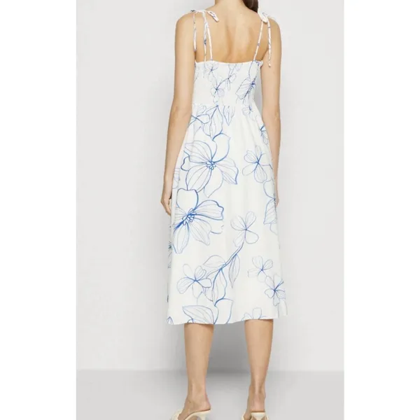 Gap Linen-Blend Smocked Corset Midi Dress Blue & White Floral Size Medium - Image 2
