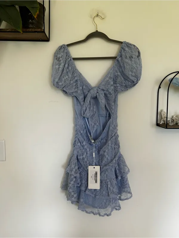 NWT Saints + Secrets Baby Blue Lace Puff Sleeve Off Shoulder Mini Dress‎ Small - Image 2