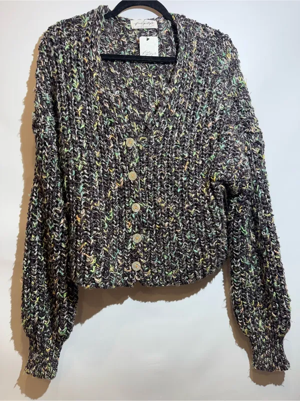 NWT Free People Flea Market Neon Sand Colorblock Cropped Chunky Cardi Size S - Image 2
