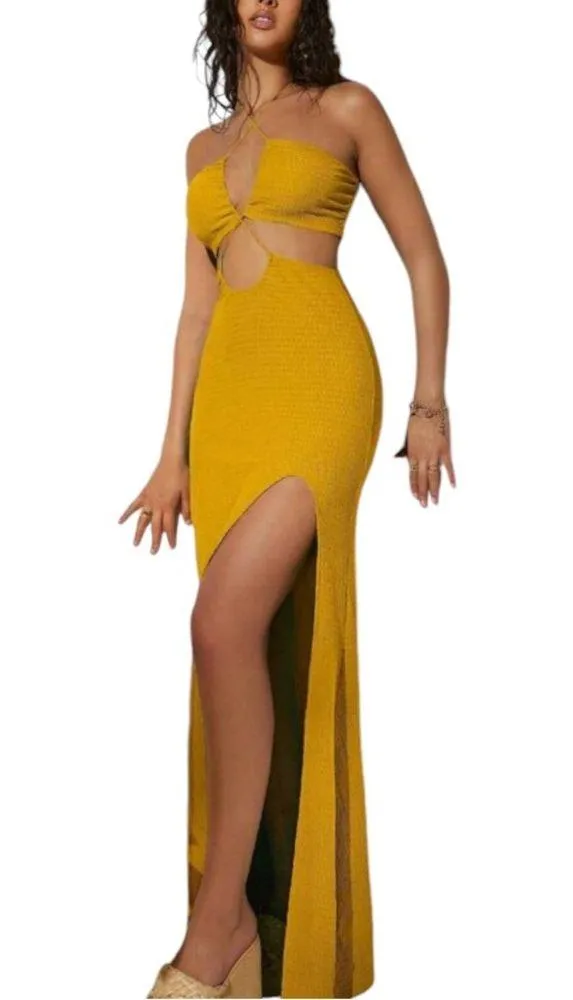 Fashion dress maxi cut out split thigh high halter neck yellow Medium NWT - Image 4