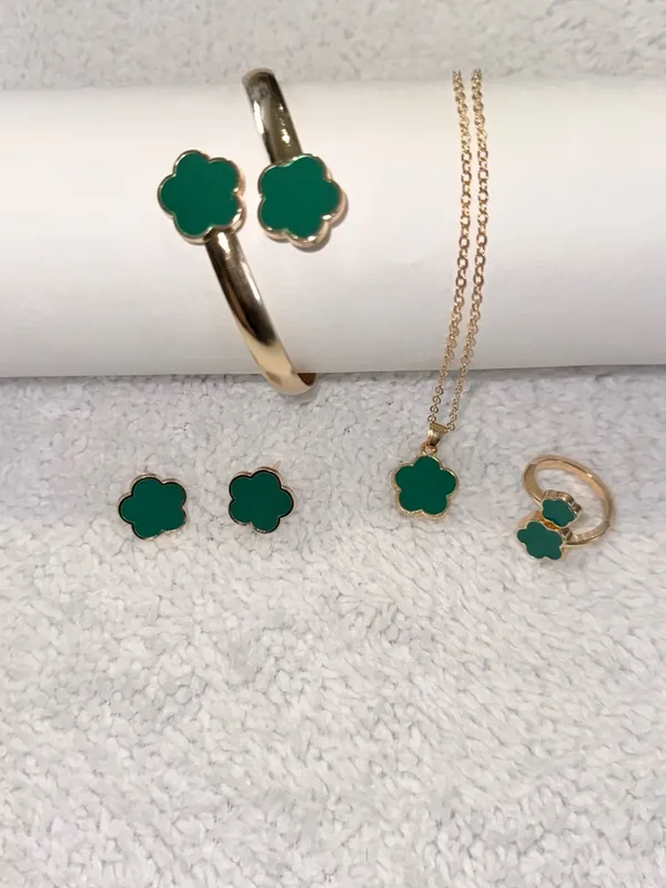4pc green Clover Jewelry Set - Green Enamel Necklace, Bracelet, Ring & Earrings - Image 4