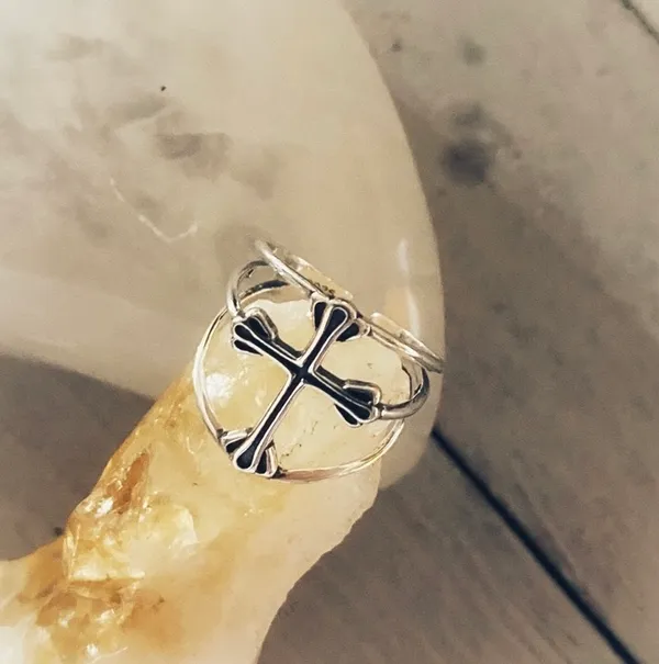 Sterling Silver Minimalist Cross Band Ring Adjustable - Image 3