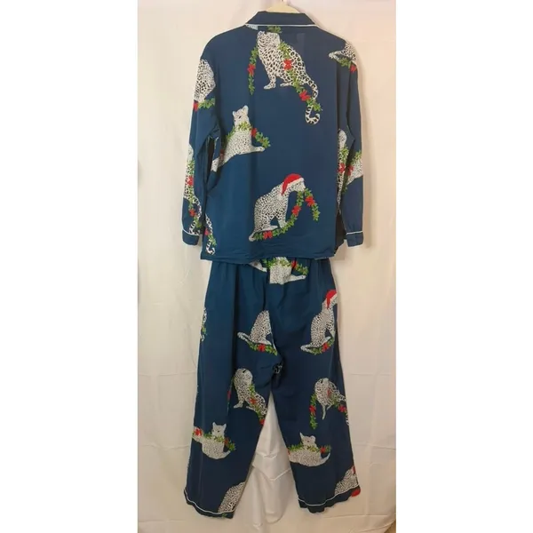 SAATVIK Navy w/White Leopard Pajamas Set Christmas Garland Santa Hat Womens M - Image 2