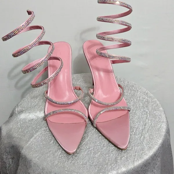 Pink Rhinestone Spiral Heels | women’s Size 8 Satin Pointed Toe Stilettos(B14) - Image 3