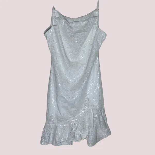 NWOT White Sequin Spaghetti Strap Lace Up Ruffle Hem Bodycon‎ Dress - M - Image 5