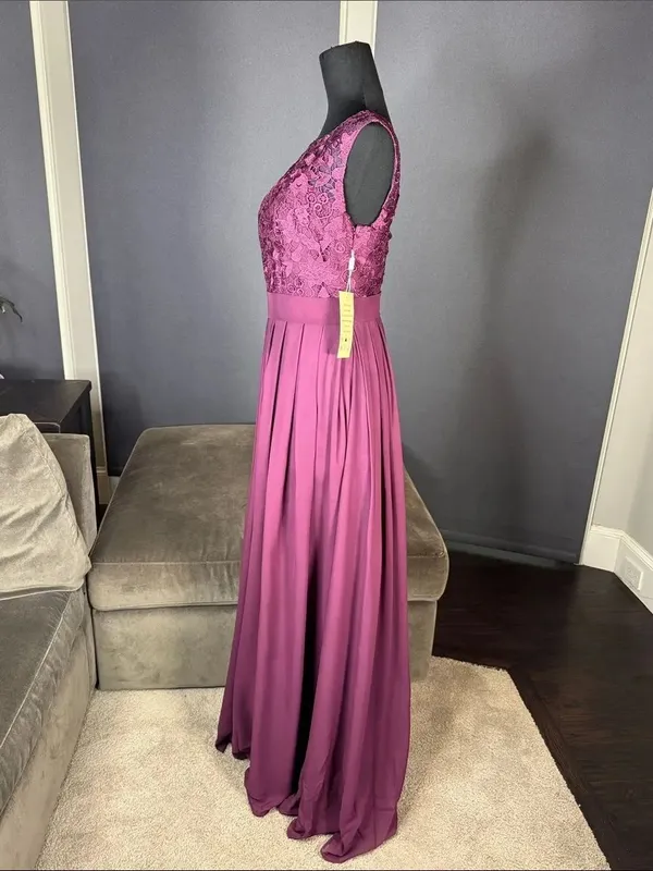 Women’s Purple Lace Bodice Sleeveless Full Length Formal Bridesmaid Gown Size S - Image 6