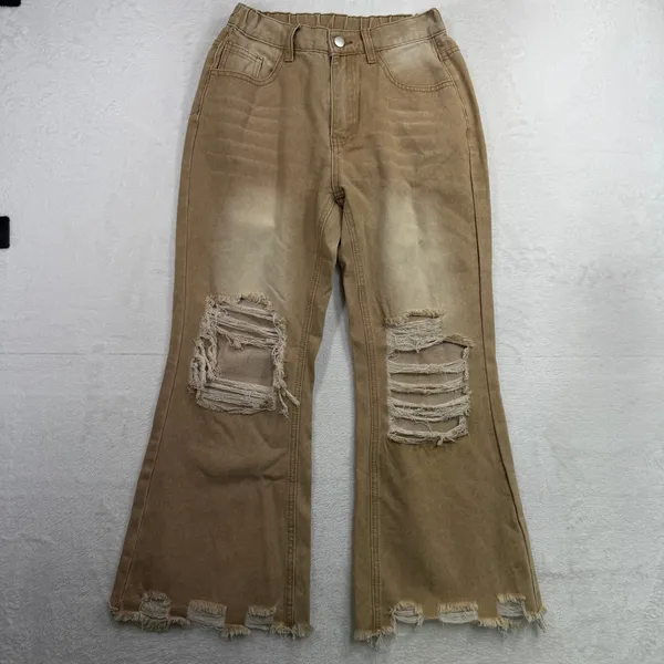 Boho S Jeans Flare Distressed Tan High Rise Raw Hem Shredded Knee Streetwear - Image 2