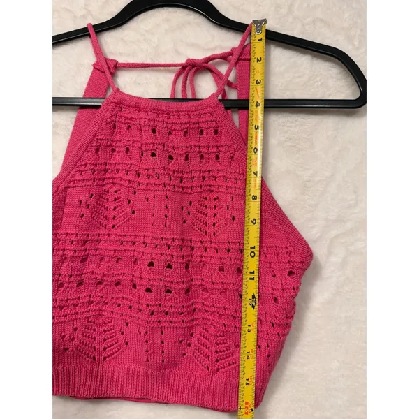 Hot Pink Crochet Knit Halter Top Womens Small‎ Boho Pointelle Crop Tank Tie Back - Image 2