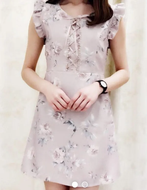 Japanese Kawaii Gyaru Harujuku Bow Lilac Floral Rose Lace-up Ruffle Mini Dress - Image 8