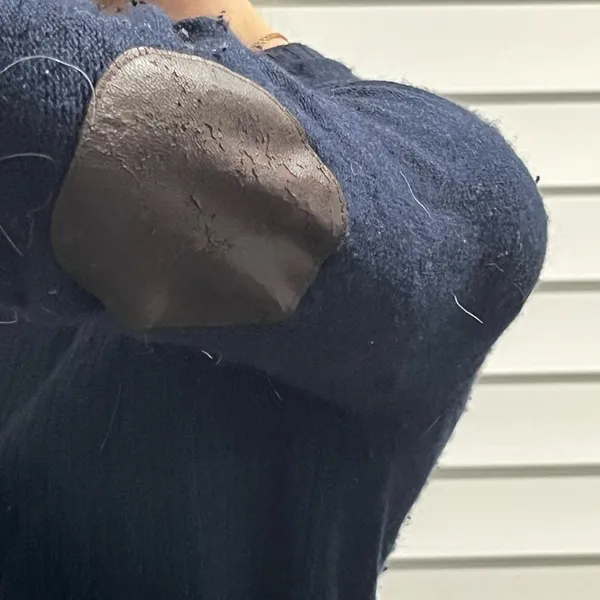 Navy sweater with brown leather elbow pads - Image 3