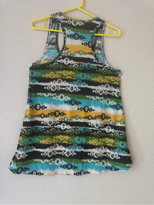 Sleeveless Striped Pattern Swing Tank Top - Teal, Yellow, Green - Image 2