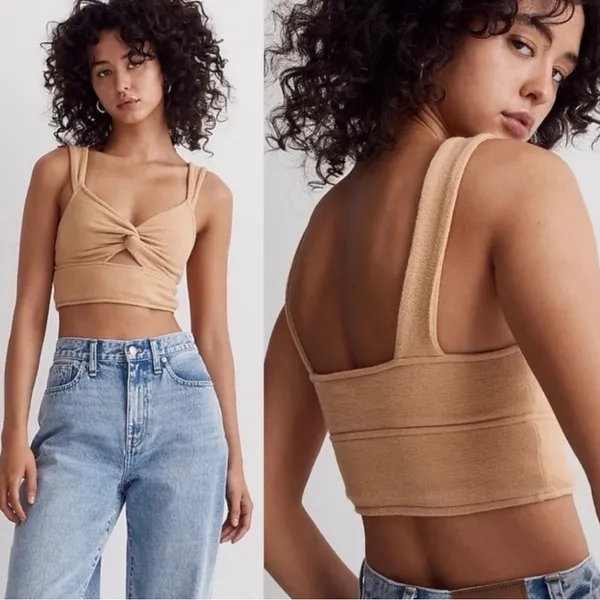 Madewell NWT Cutout Knot-Front Crop Tank Top Tan Textured size XL - Image 2