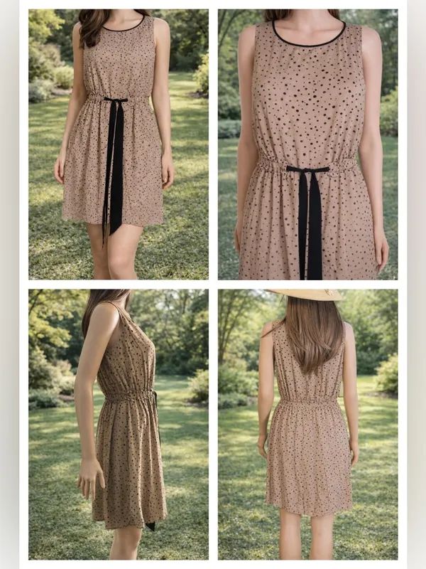 LOFT Petite XS Neutral Polka Dot Dress Tan Black Elastic Waist Lined Summer Mini - Image 9