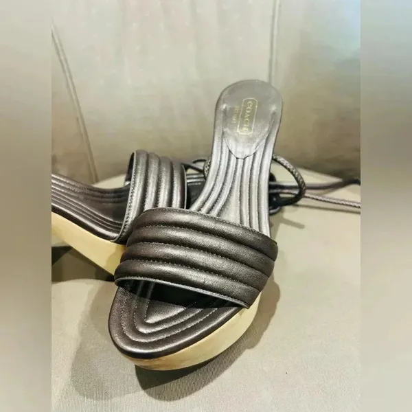 Coach Bronze Brown Leather Strappy Wooden Heel Sandals Modern Minimalist - Image 13