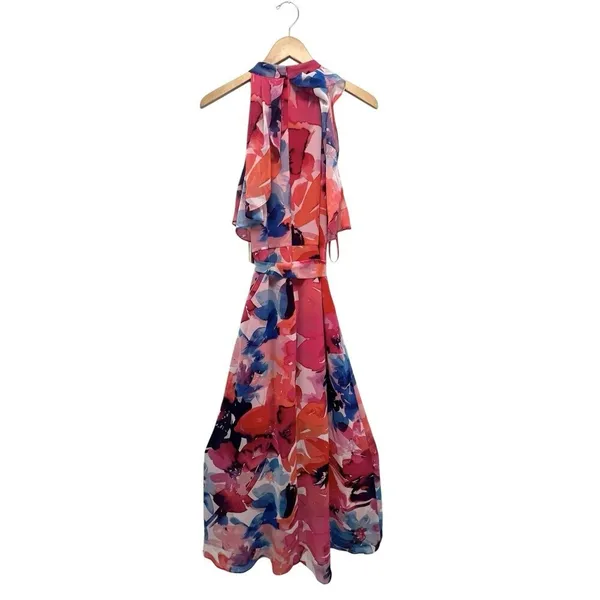 Eliza J Floral Halter Neck Popover Floral Maxi Dress Pink Multi Mock Size 10 - Image 4