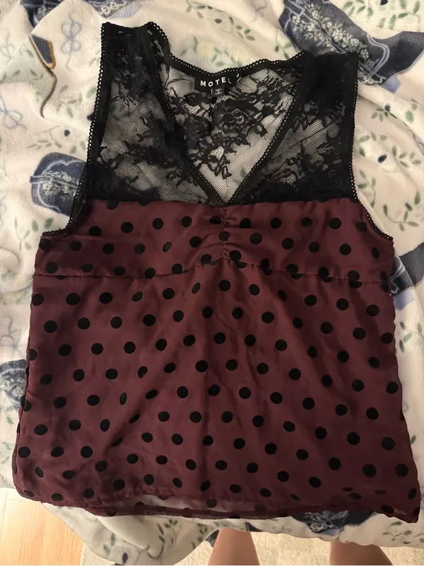 Chic Elegent ASOS Motel Lace-Trim Polka Dot Slip Top - Burgundy/Black - Image 2