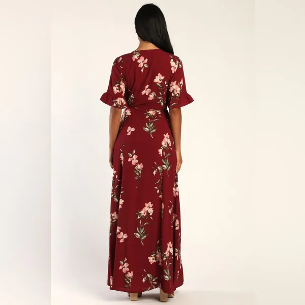 Lulus September Sunsets Burgundy Floral Maxi Wrap Dress - Image 3
