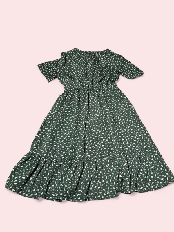 Dark Green Floral Midi Dress with Ruffle Hem - Image 2