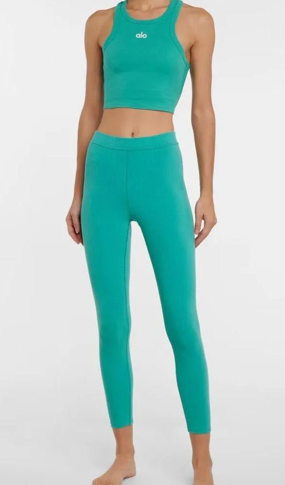 Alo Yoga Teal Blissful High-Waisted Ribbed Leggings Full Length Sz S Athleisure - Image 3