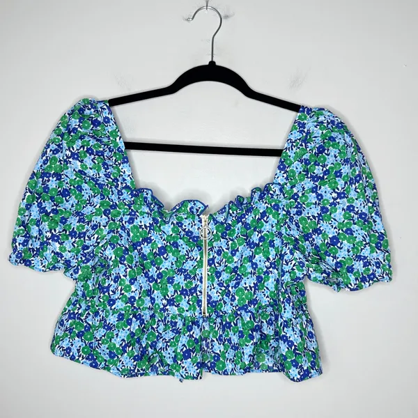 Zara Women's Puff Sleeve‎ Sweetheart Neckline Peplum Cropped Floral Top Large - Image 8