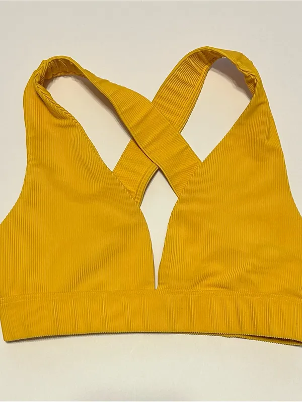 NWOT Mustard Yellow Beach Riot Sports Bra Cross Strap Ribbed V-Neck Bra - Image 2