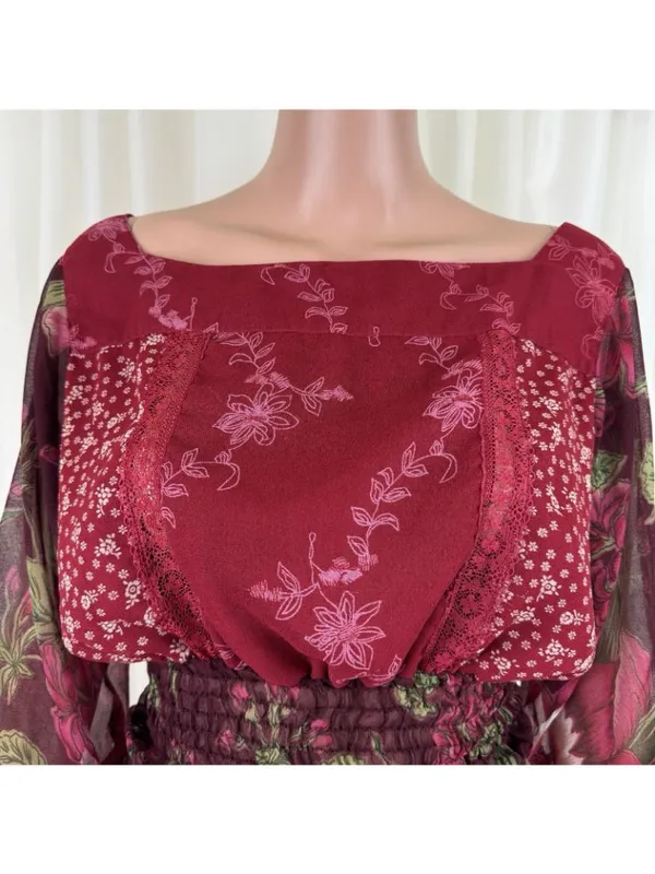 Passport Floral Smocked Elastic Waist Peasant Top Blouse Size L Burgundy - Image 3
