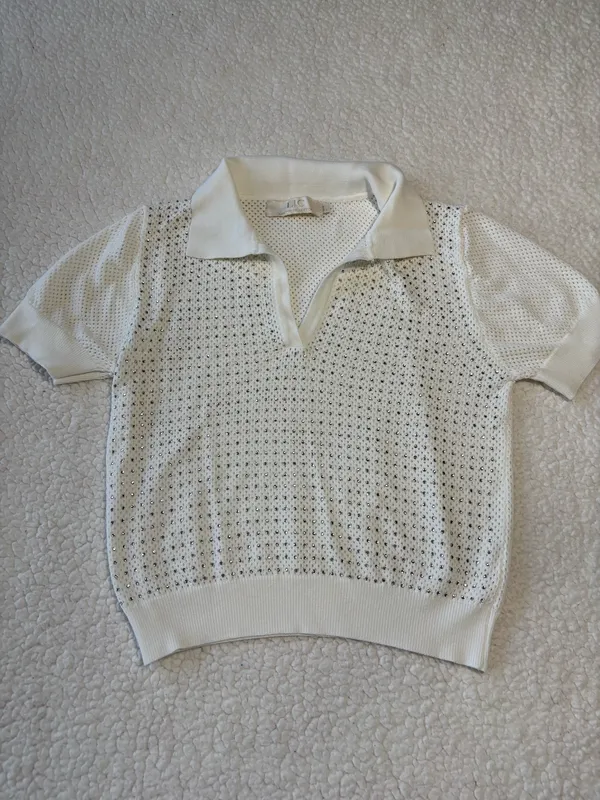 Lizette Collection Y2K Coquette White Open Knit Rhinestone Polo Top Size L - Image 2