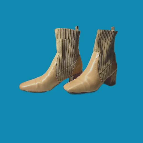 COPY - Sock/Leather Bootie in Beige Size10 Chunky Heel, Sq. Toe Women's - Image 6