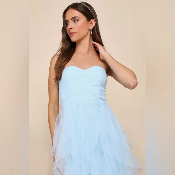LULU’S Delightful Beauty Blue Mesh Strapless Ruched Ruffled Maxi Dress - Image 6