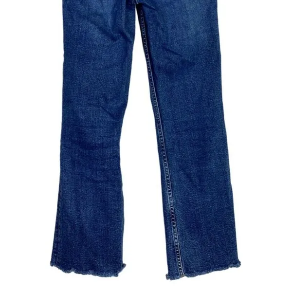 ZARA Flared High Rise Straight Leg Raw Hem Broken In Jean Zip 2 Dark Blue Wash - Image 7