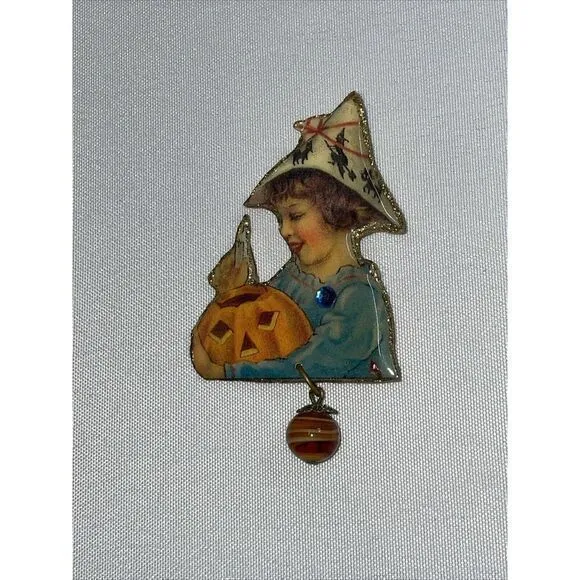 Rare Vintage Halloween Girl with‎ Pumpkin Pin Brooch - Image 4