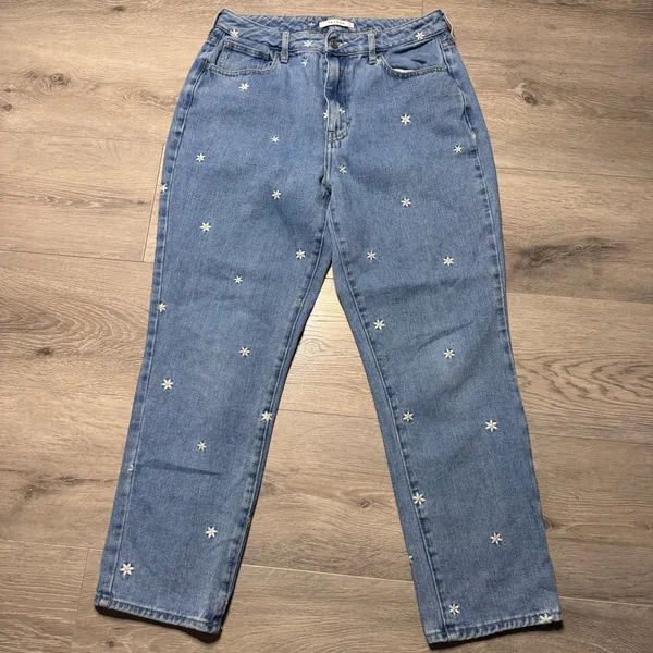 PacSun Mom Jean 29 or 8 Medium Wash Blue Embroidered‎ Daisy Floral Denim Pants - Image 2