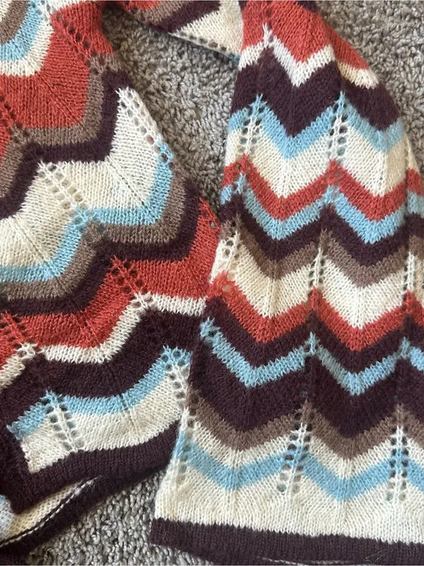 Le Lis Multicolor Chevron Lace-Up Cardigan in Cream, Rust, Burgundy & Light Blue - Image 3
