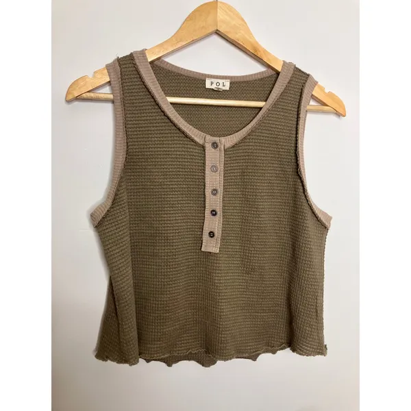 POL Henley Tank Top Womens Large Green Excellent Waffle Knit SMT1648 trendy - Image 2