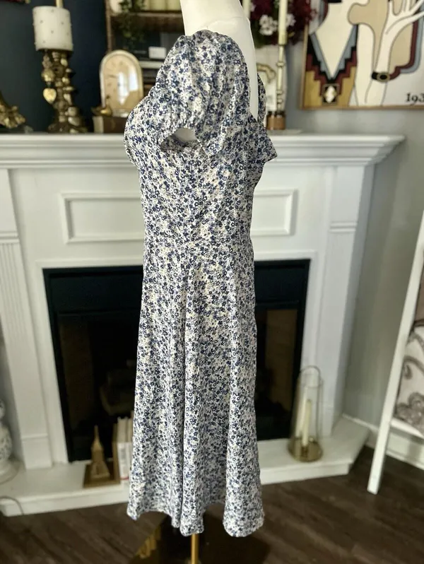 SHEIN Puff Sleeve Floral Blue & White Midi Dress For Women Size Large - Image 2