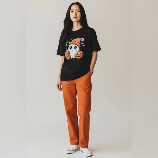 Pumpkin Boo Spice Black Short Sleeve Tee Shirt. Adorable Little Ghost & Pumpkins - Image 2
