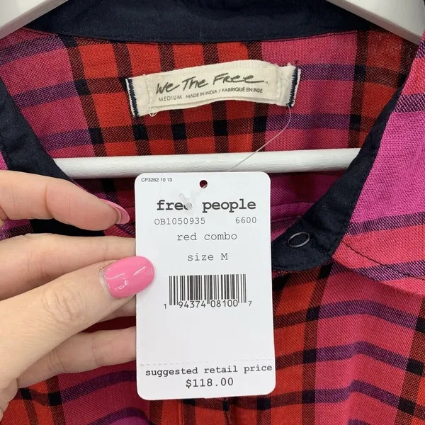 Anthro‎ We The Free People Size XS Shirt Pacific Dawn Red Pink Plaid Ruched NEW - Image 4