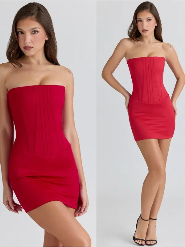 House of CB Laila Red Satin Strapless Hourglass Cocktail Mini dress Size XS long - Image 9