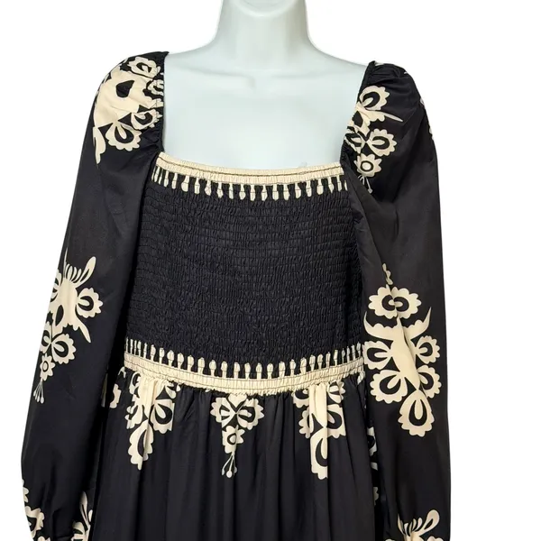 Womens Black Cream Damask Smocked Maxi Dress Long Sleeve Boho Peasant Size L - Image 4