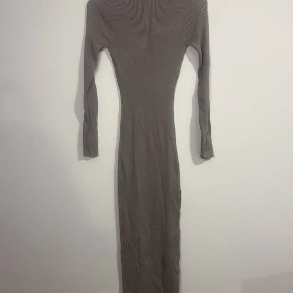 Long-Sleeve Asymmetric Midi Dress in Taupe - Image 7