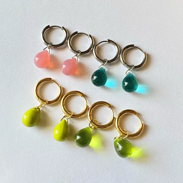 Handmade olive color teardrop Czech glass simple minimalist hoop earrings💚🫒💕 - Image 7
