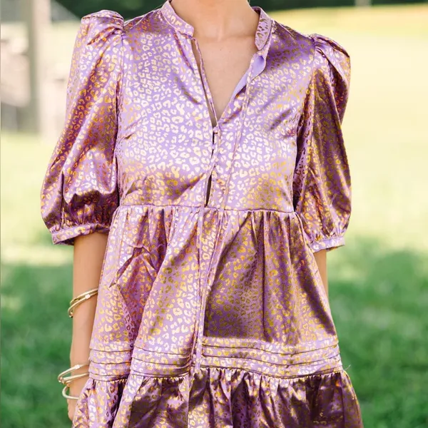 TCEC Metallic Purple Animal Print Puff Sleeve Babydoll Dress Western Boho Glam - Image 2