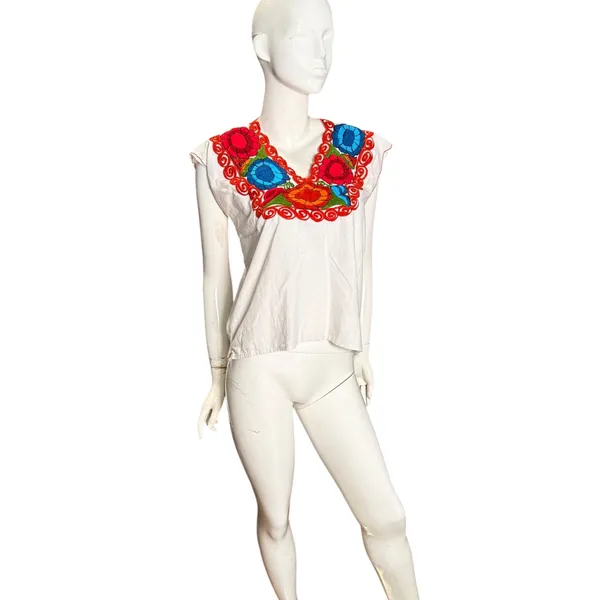 Vintage Mexican Embroidered Floral Huipil Blouse White V-Neck Cap Sleeve Top M - Image 5