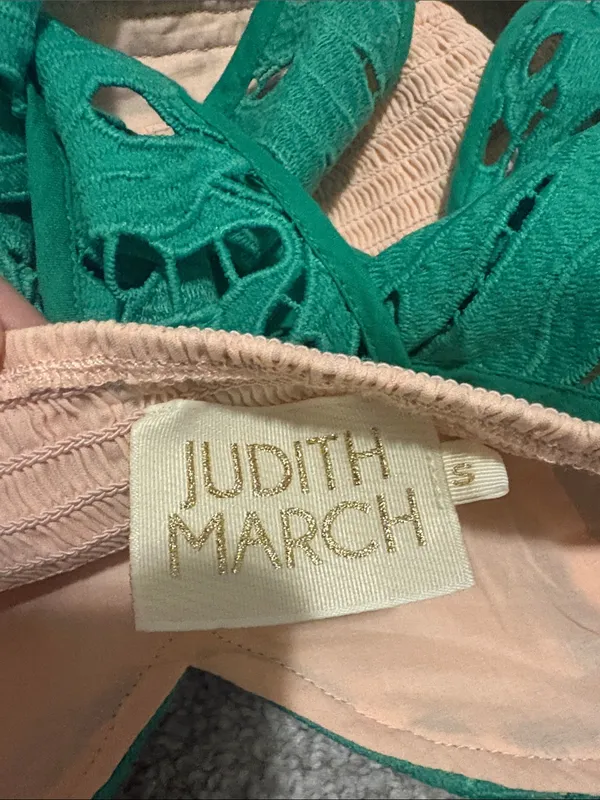 Judith March Small Strapless Green Lace Peplum top with Nude Underlay - Image 5